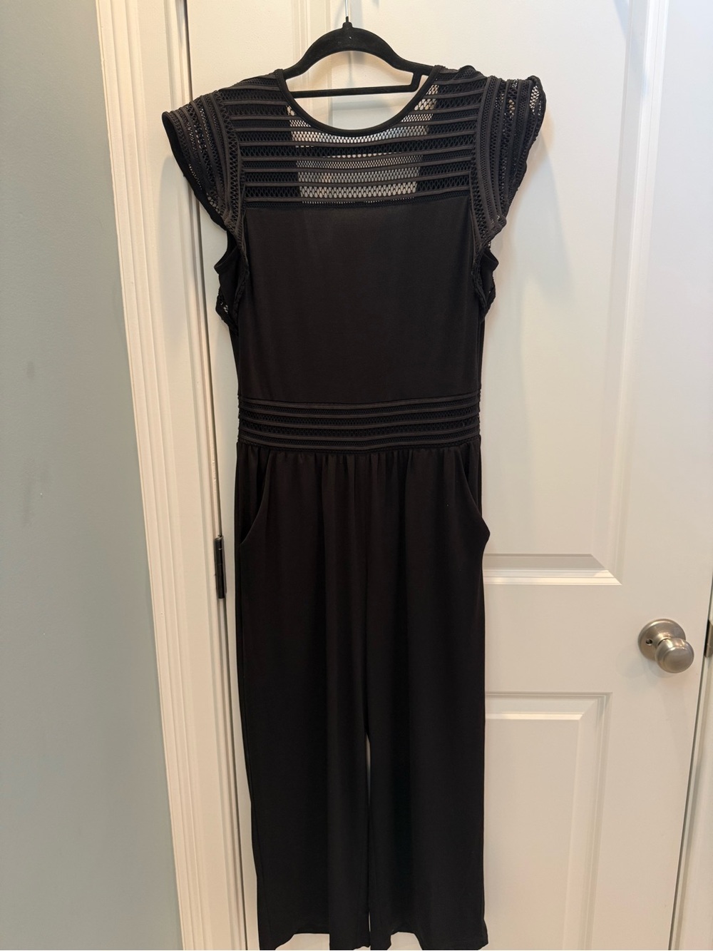 Michael Kors Black Crochet-Yoke Cropped Jumpsuit